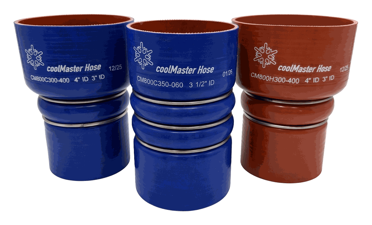 Blue and red coolMaster humped charge-air cooler hoses